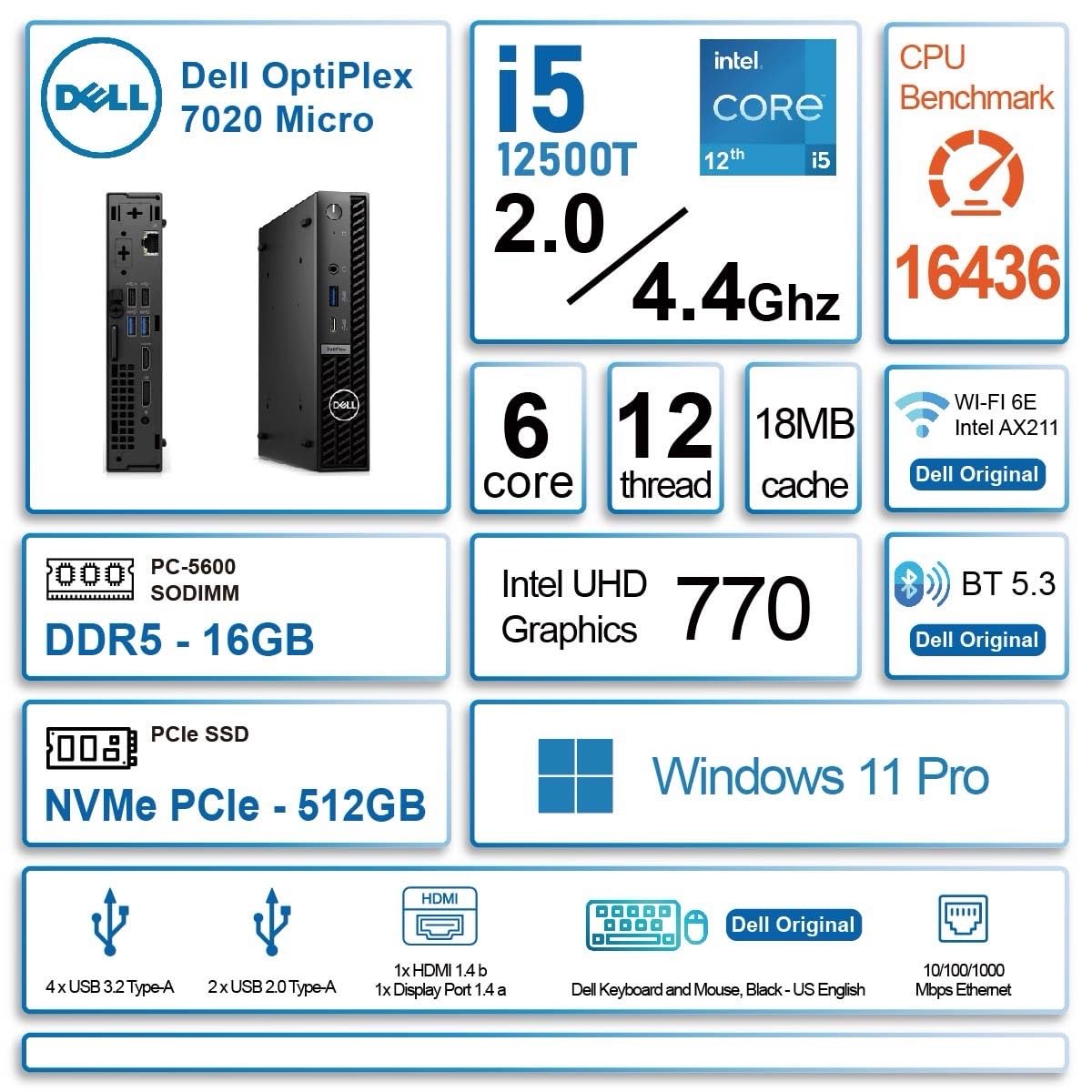 Dell OptiPlex 7020 7000 MFF Intel i5-12500T (Beats Intel i7-11700T), 16GB DDR5 RAM, 512GB NVMe SSD, WiFi 6E, DisplayPort, Wired KB & Mouse,w/USB3.1 128GB, Windows 11Pro, Business Desktop