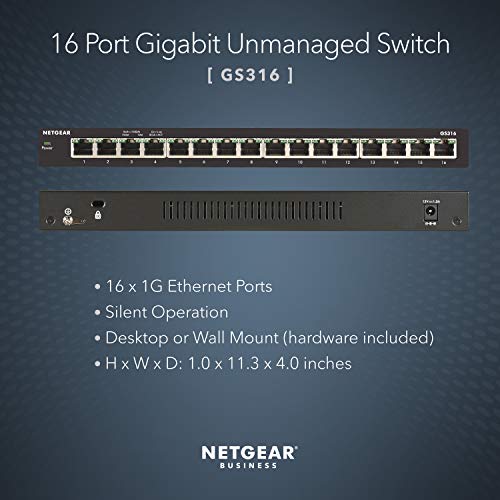 NETGEAR 16-Port Gigabit Ethernet Unmanaged Switch (GS316) - Desktop or Wall Mount, Silent Operation