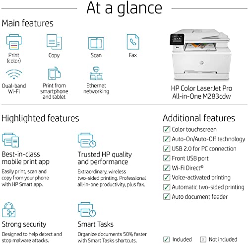 HP Laserjet Pro MFP M283cdw Wireless All-in-One Color Laser Printer, Mobile Print&Scan&Copy&Fax, Duplex Print, 22ppm, 2.7" Touchscreen, Wi-Fi, Compatible with Alexa(7KW73A), Lanbertent Printer Cable