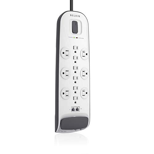 Belkin Power Strip Surge Protector - 12 AC Multiple Outlets, Ethernet & Cable Protection - 8 ft Long Extension Cord for Home, Office, Travel, Computer Desktop & Charging Brick - 4000 Joules, White