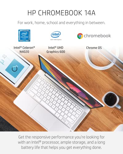 HP Chromebook 14 Laptop, Intel Celeron N4020, 4 GB RAM, 32 GB eMMC, 14” HD Micro-Edge Display, Chrome OS, Thin & Portable, 4K Graphics, Snow White Keyboard (14a-na0023nr, 2021, Ceramic White)