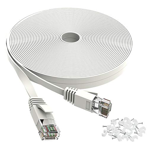 Cat 6 Ethernet Cable 30 ft White - Flat Internet Network LAN Patch Cords – Solid Cat6 High Speed Computer Wire with Clips& Snagless Rj45 Connectors for Router, Modem – Faster Than Cat5e/Cat5-30 feet
